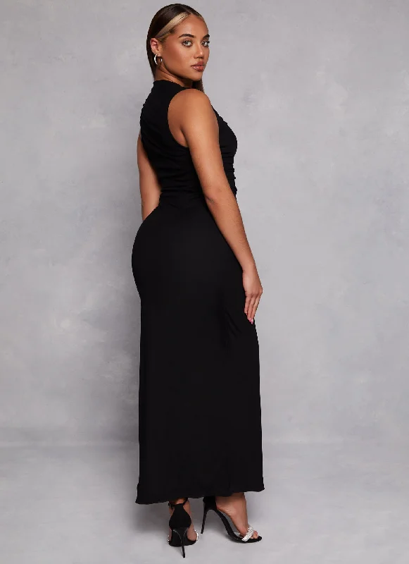 Haute Monde Mesh High Cowl Neck Side Slit Maxi Dress