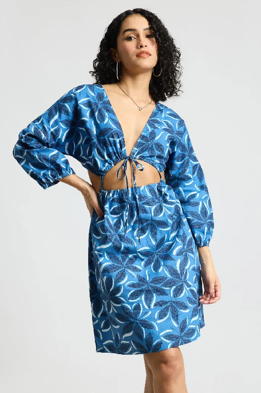 Blue Printed Poplin Dress