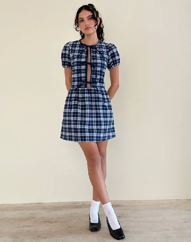 Byan Tie Front Dress in Tartan Dark Blue