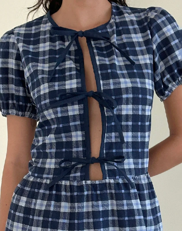 Byan Tie Front Dress in Tartan Dark Blue