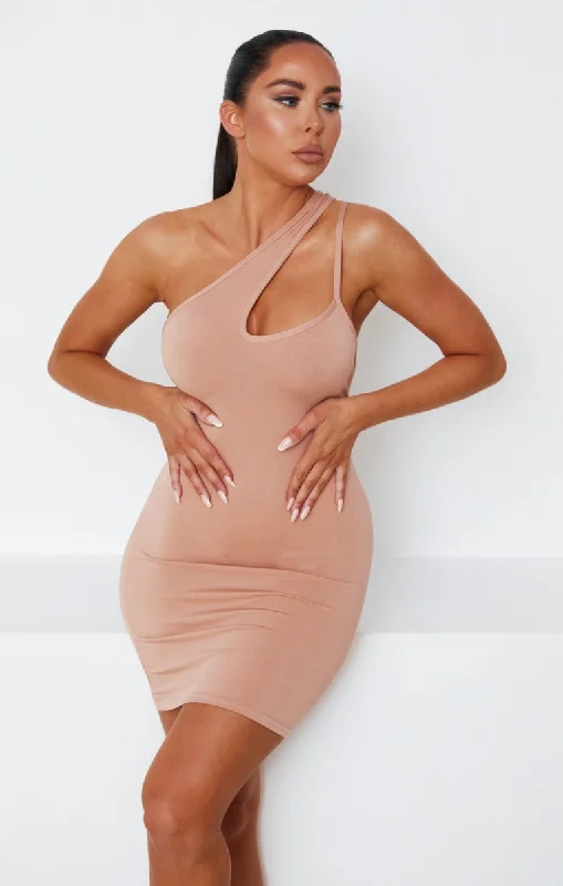 Camel Asymmetric One Shoulder Strappy Ribbed Mini Dress - Alianna