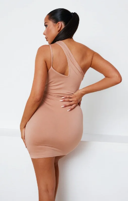 Camel Asymmetric One Shoulder Strappy Ribbed Mini Dress - Alianna