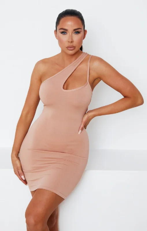 Camel Asymmetric One Shoulder Strappy Ribbed Mini Dress - Alianna