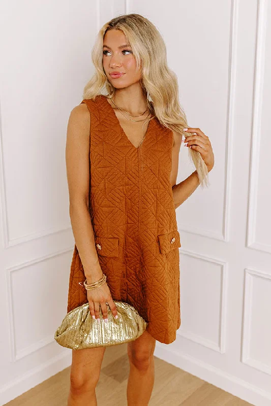 Chic Outing Quilted Mini Dress in Dark Camel