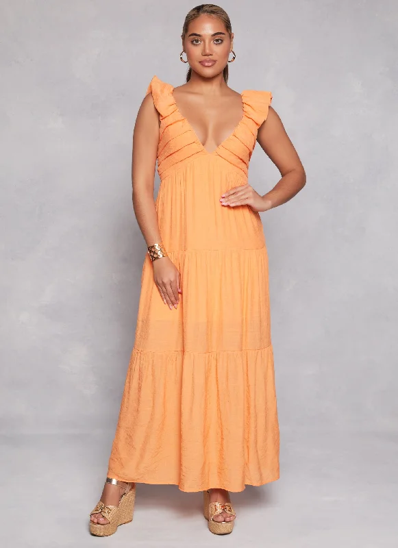 Ruched V Neck Tiered Maxi Dress