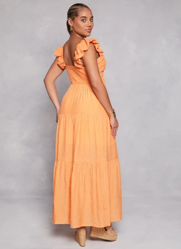 Ruched V Neck Tiered Maxi Dress