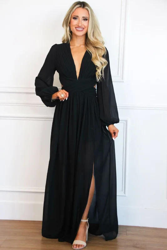 Covina Long Sleeve Cutout Maxi Dress: Black