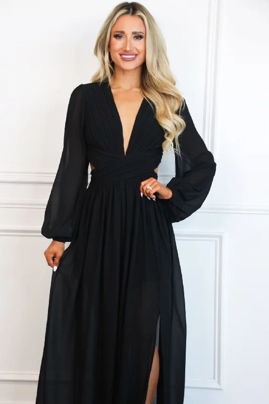 Covina Long Sleeve Cutout Maxi Dress: Black