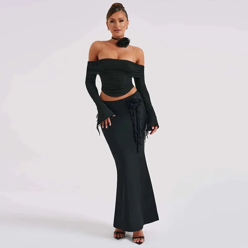 Club Party Two Piece Set Women Autumn Off Shoulder Mermaid Maxi Dress