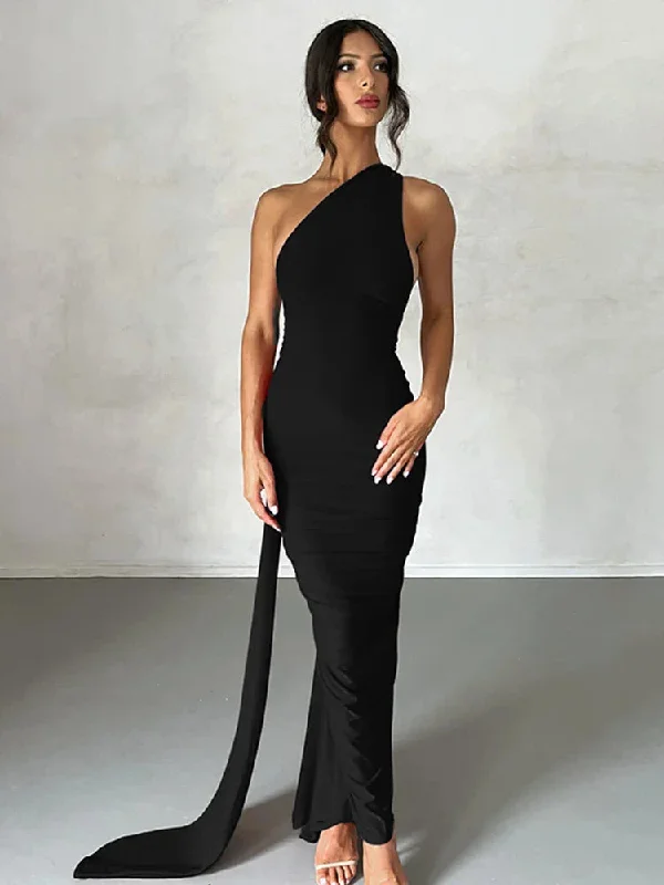 Long One Shoulder Slim Bodycon Backless Nightclub Sexy Summer Maxi Dress