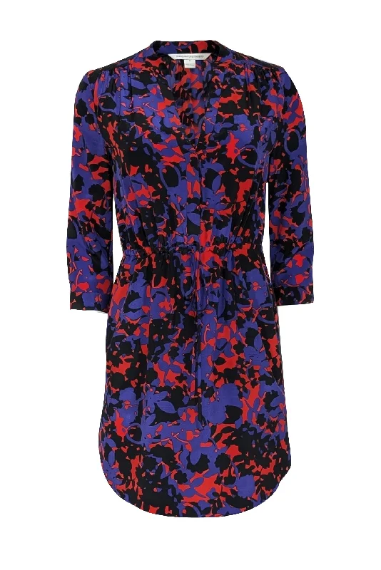 Diane von Furstenberg - Indigo, Red, & Black Print Long Sleeve Dress Sz 0