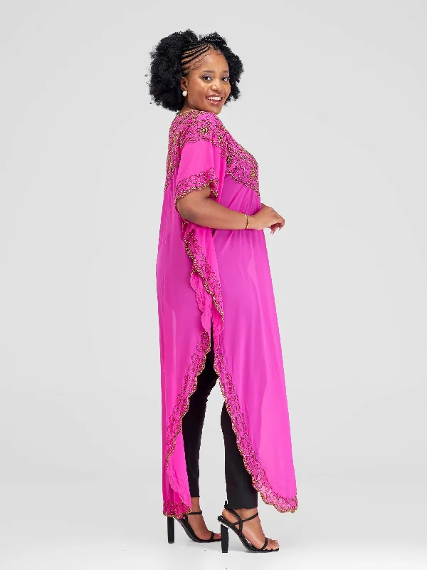 Fauza Design Chiffon Beaded Kaftan - Fuchsia