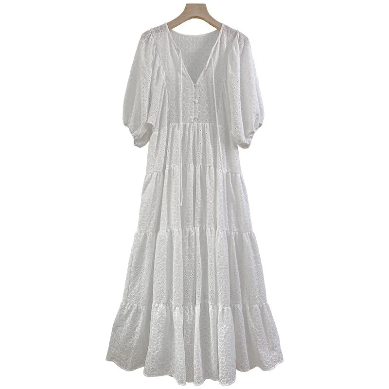 French Holiday Temperament  White Embroidered Cotton Bohemian Maxi Dress Women