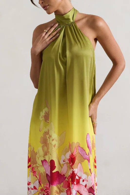 Gloriana | Pink and Green Floral Print Satin High-Neck Maxi Dress