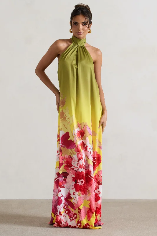 Gloriana | Pink and Green Floral Print Satin High-Neck Maxi Dress