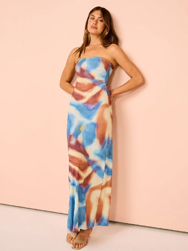 Issy Strapless Maxi Dress in Blue Marble