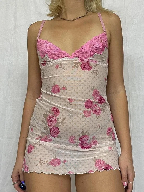 BerryBetty - Lace Paneled Rose Print Mesh Mini Dress