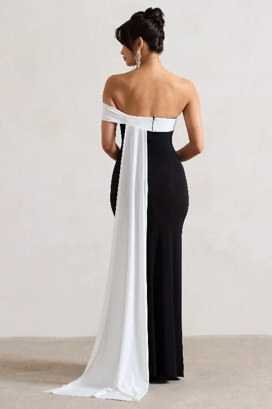 Legacy | Black & White Bardot Split Maxi Dress With Drape