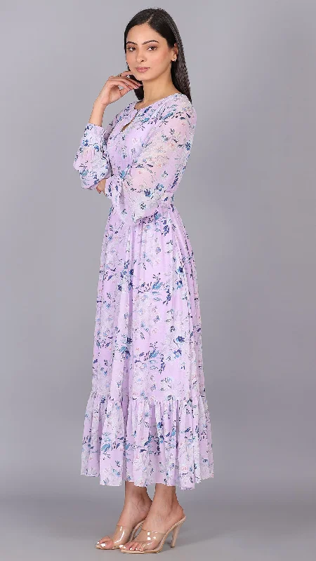 Lilac Puff Sleeves Maxi Dress