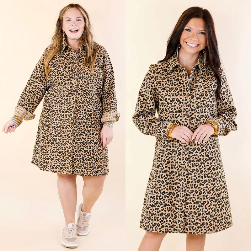 Manhattan Minute Leopard Print Button Up Dress with Long Sleeves