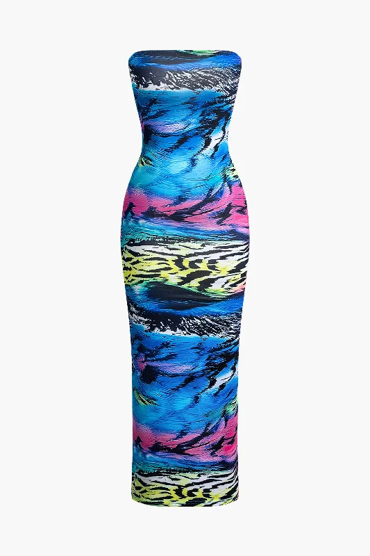 Abstract Print Strapless Maxi Dress