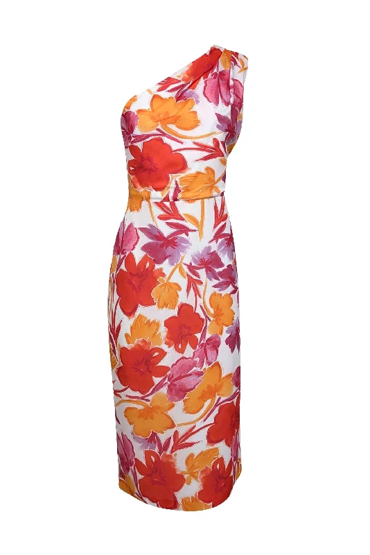 Milly - White w/ Orange & Pink Floral Print One Shoulder Dress Sz 12