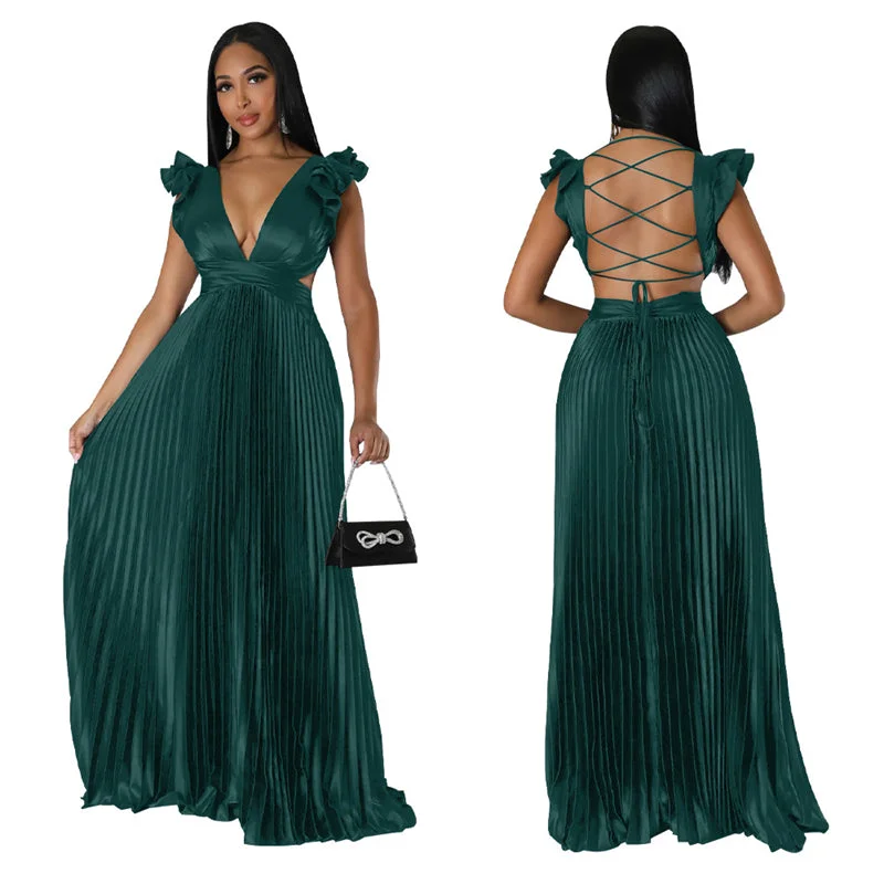 modest elegant accordion satin miyake pleated fashion long maxi dress women backless bondage pleated evening dress for women