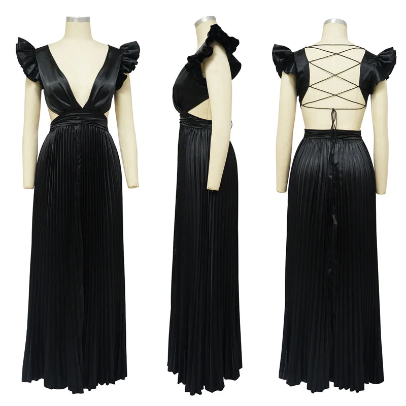 modest elegant accordion satin miyake pleated fashion long maxi dress women backless bondage pleated evening dress for women