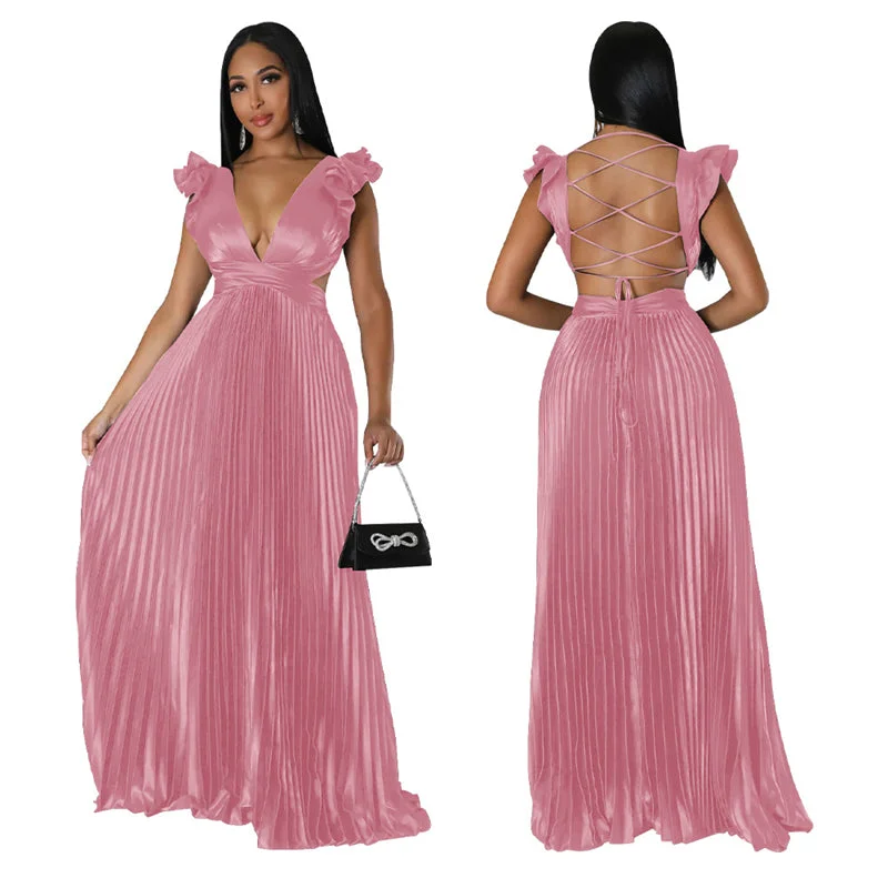 modest elegant accordion satin miyake pleated fashion long maxi dress women backless bondage pleated evening dress for women