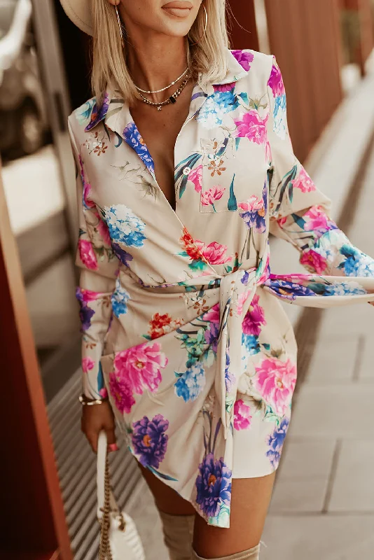 Multicolor Floral Print Wrap Tie Mini Shirt Dress