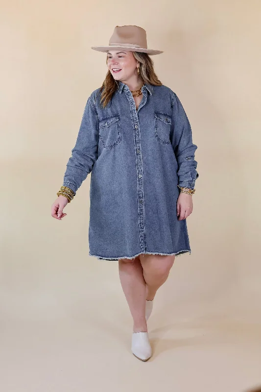 Patio Date Button Up Long Sleeve Denim Dress in Medium Wash