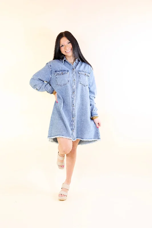 Patio Date Button Up Long Sleeve Denim Dress in Medium Wash