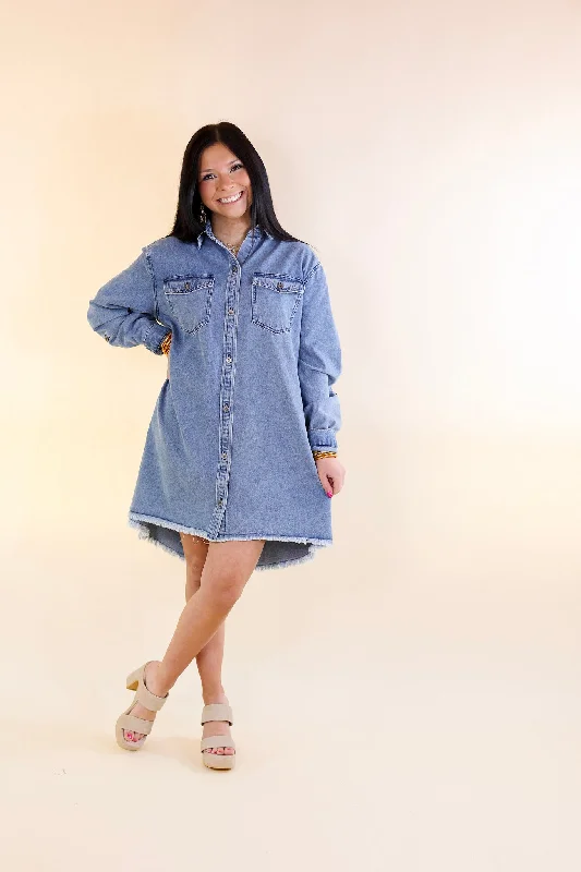 Patio Date Button Up Long Sleeve Denim Dress in Medium Wash