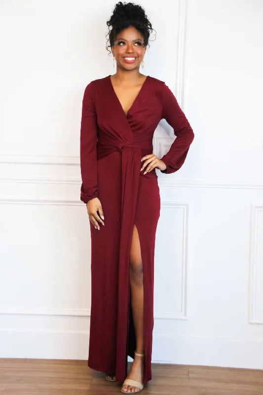 Phoebe Long Sleeve Maxi Dress: Burgundy