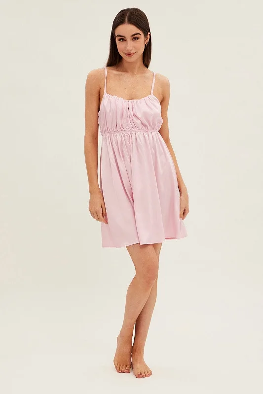 Pink Nightie Sleeveless Scoop Necksatin Slip Dress