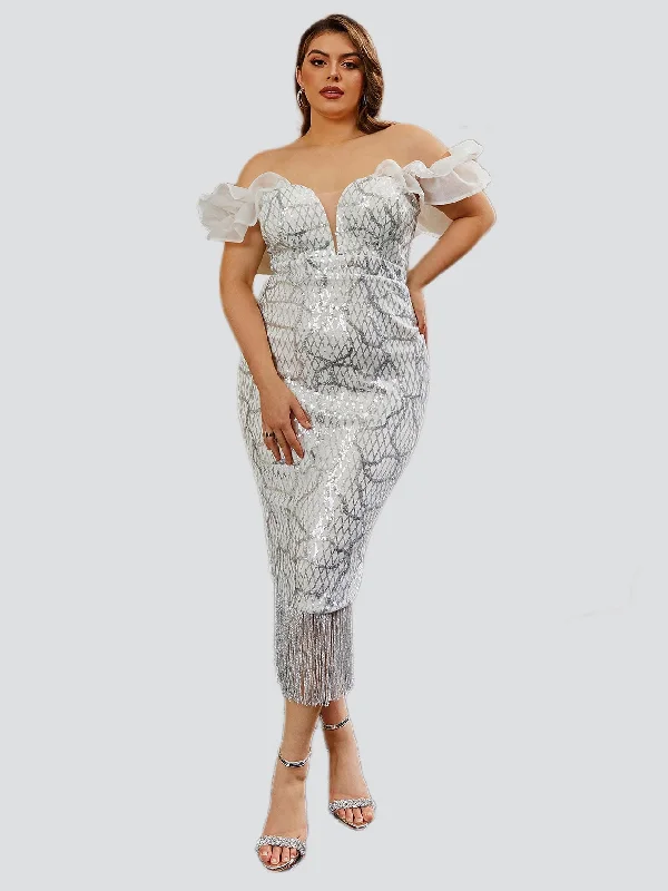 Plus Size Tassel Midi Sequin Cocktail Dress PXJ1259