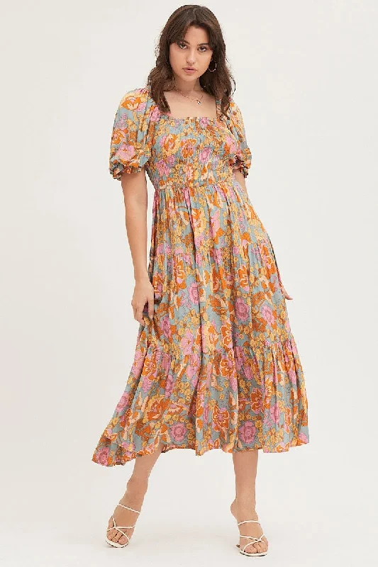 Print Maxi Dress Short Sleeve