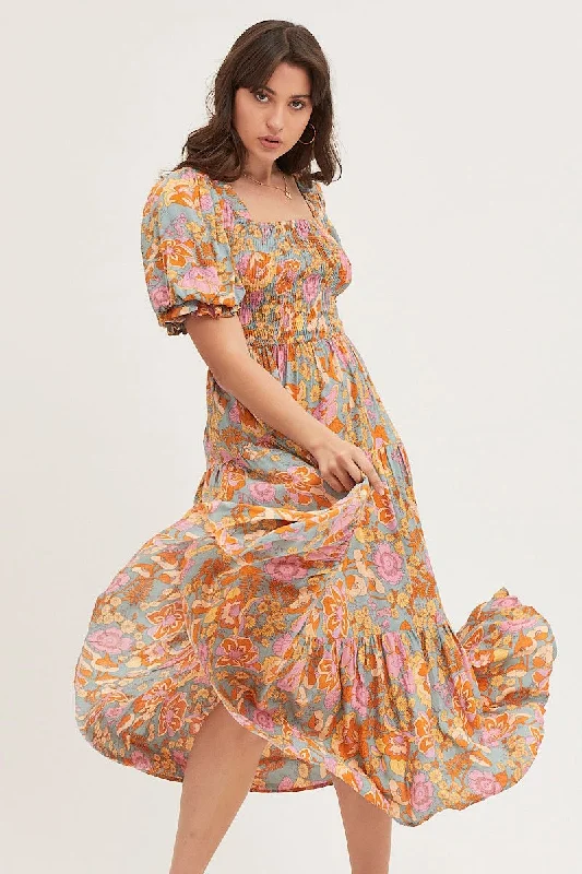 Print Maxi Dress Short Sleeve