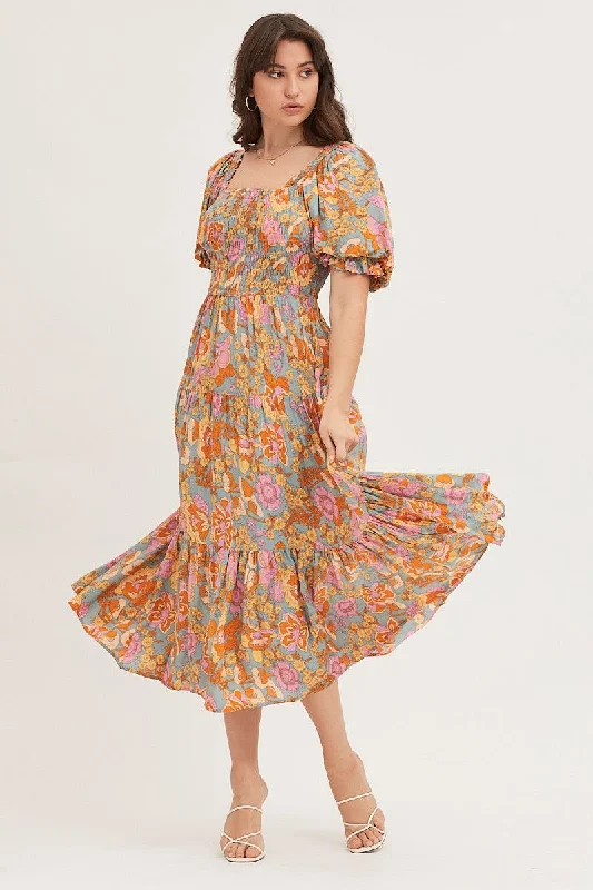 Print Maxi Dress Short Sleeve