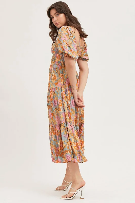 Print Maxi Dress Short Sleeve