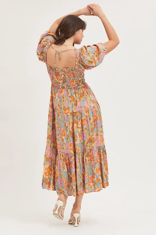 Print Maxi Dress Short Sleeve