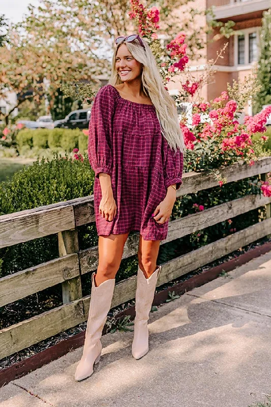 Pumpkin Spice Cutie Plaid Mini Dress in Wine