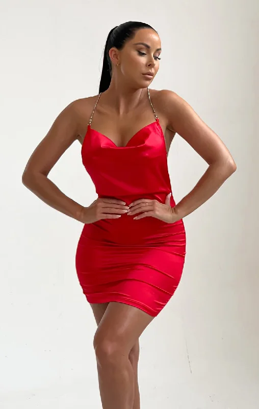 Red Satin Cross Over Back Diamante Mini Dress - Eva