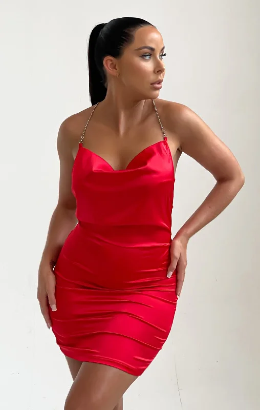 Red Satin Cross Over Back Diamante Mini Dress - Eva