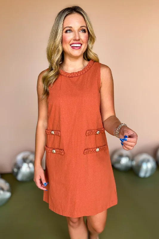 Rust Braid Detail Round Neck Sleeveless Dress