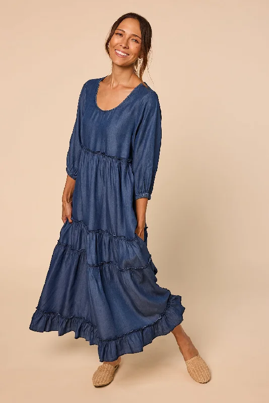 Sabre Frill 3/4 Sleeve Maxi Tencel Dress in Mid Wash