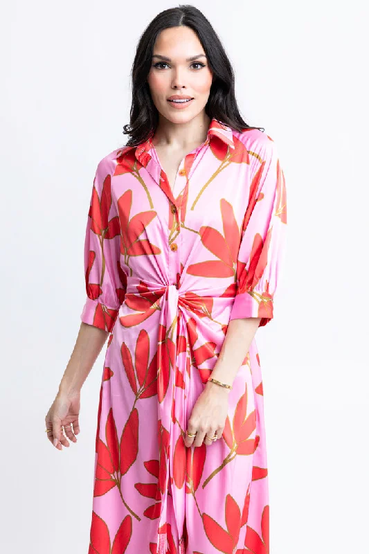 Satin Palm Floral Shirt Dress