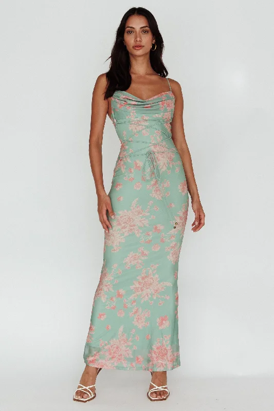 Teava Laced Waist Maxi Dress Floral Green