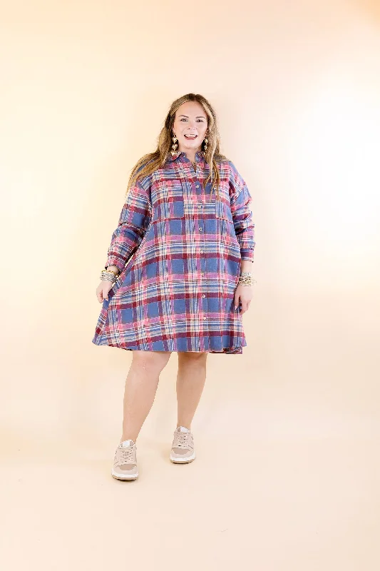 Vibrant Lifestyle Plaid Button Up Dress in Dusty Blue and Pink