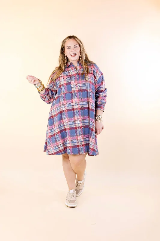 Vibrant Lifestyle Plaid Button Up Dress in Dusty Blue and Pink